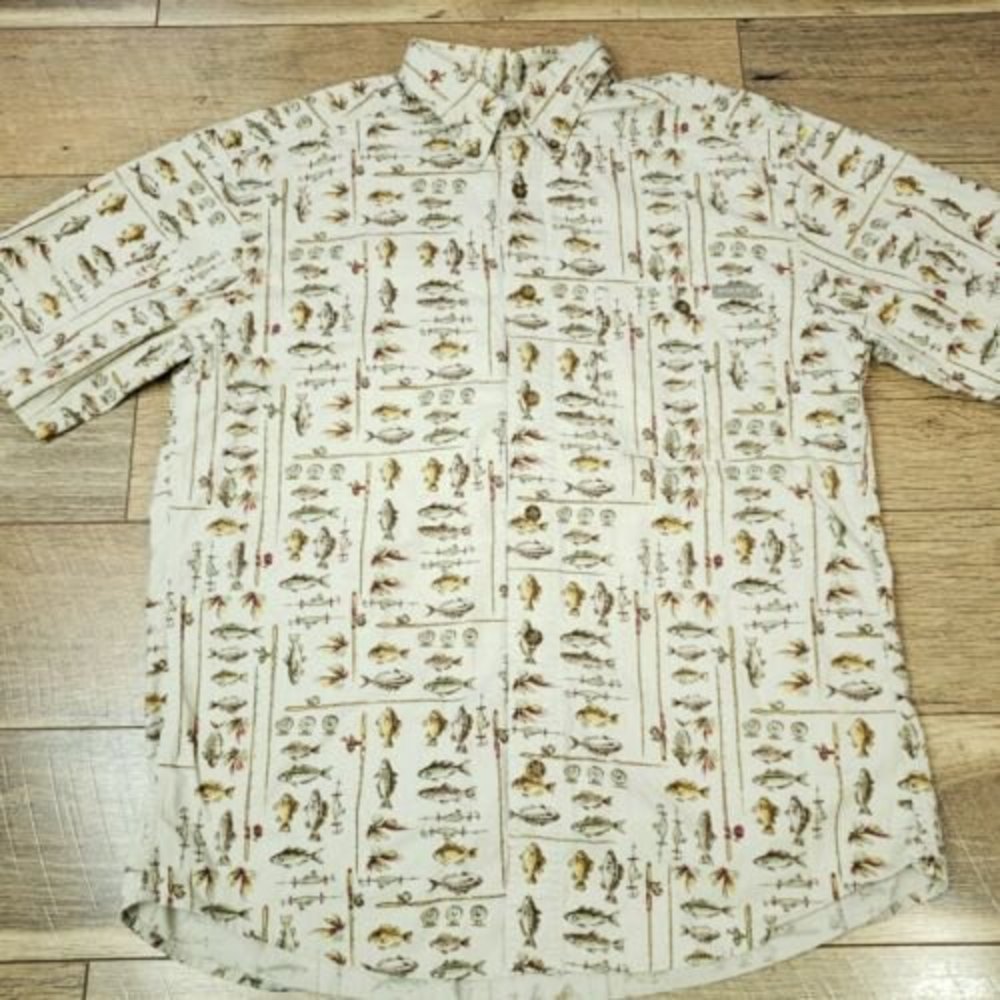 Woolrich Mens Button Down Cotton Khaki Freshwaster Fish Shirt Size Medium